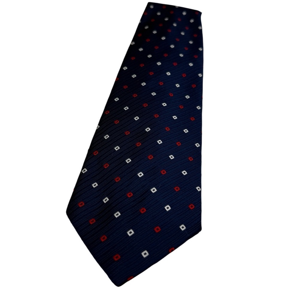 Vintage Christian Dior Men’s Neck Tie Navy Blue Small Square Red White Pattern